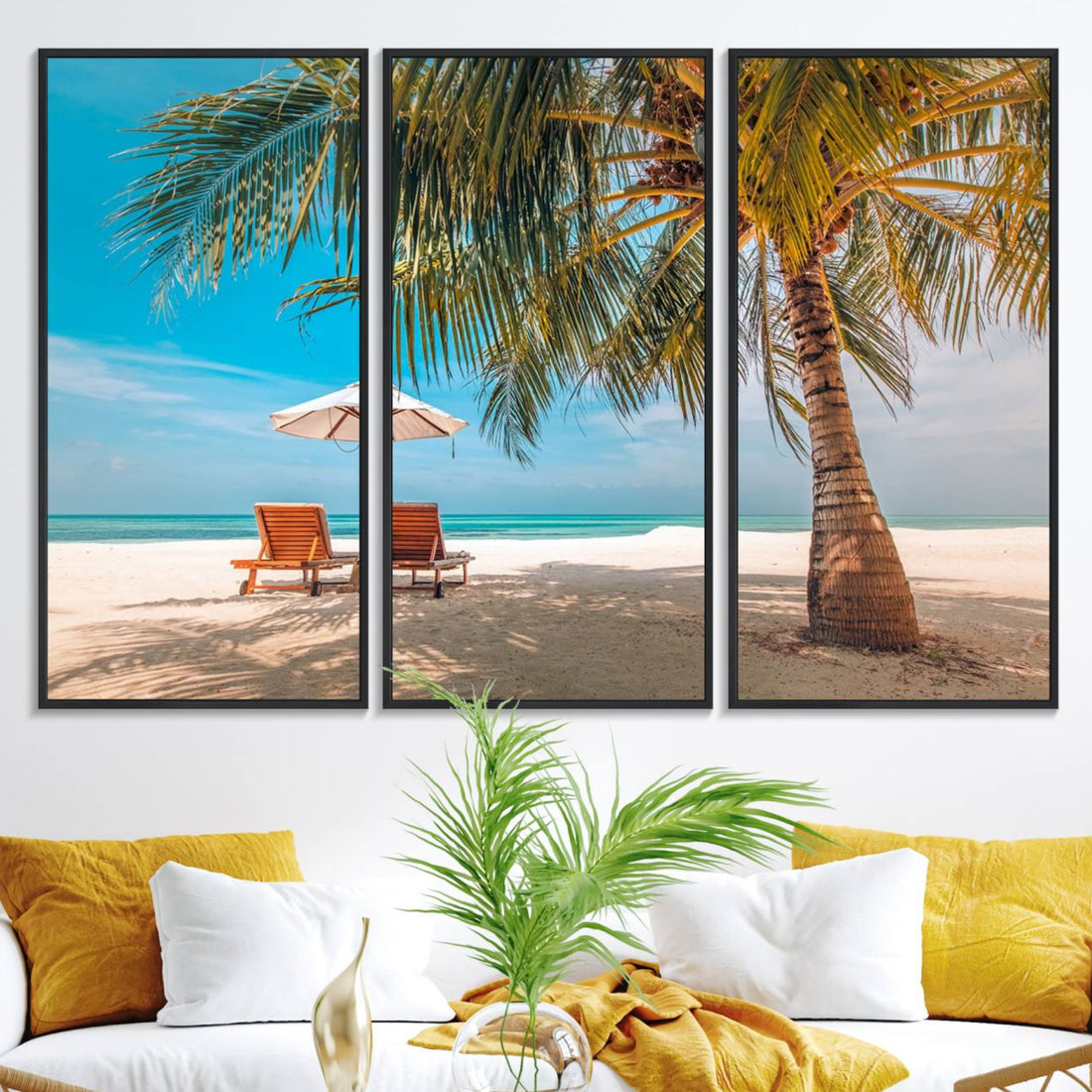 Tropical Beach Wall Art | 3-Panel Large Canvas Print with Palm Tree and Sun Loungers