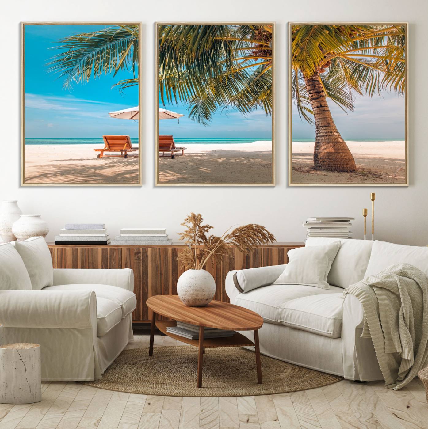 69754-MGV-FC-60X30-3P_Natural-Tropical Beach Wall Art | 3-Panel Large Canvas Print with Palm Tree and Sun Loungers