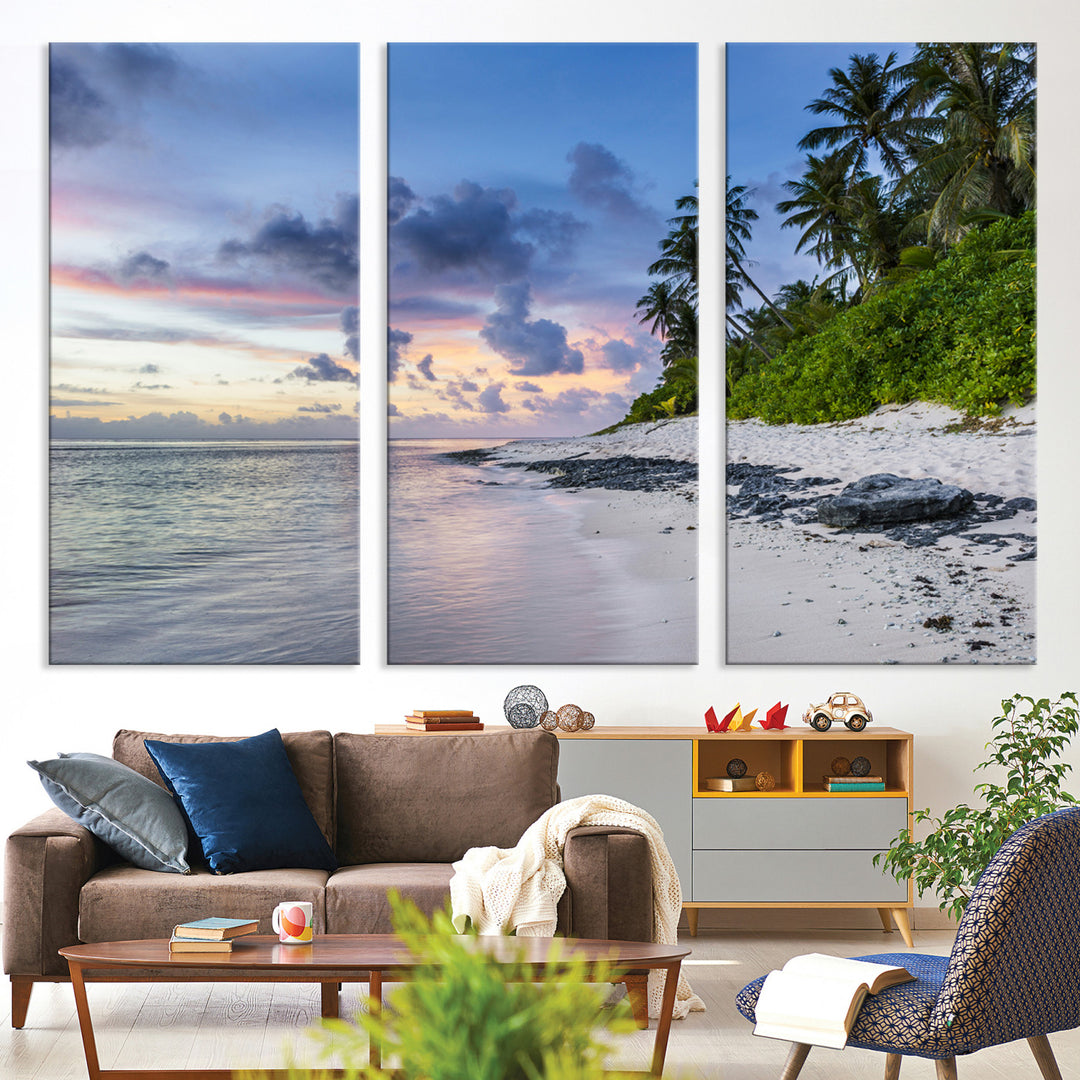 Tropical Beach Wall Art Canvas Print, Sunset Glow Print, Framed Palm Tree Coast Art Print, Large Soft Pastel Sky Printing Tropical
