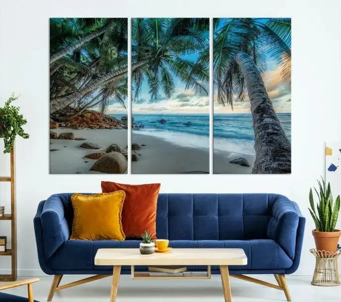 The "Tropical Beach Wall Art Ocean Canvas Print" features palm trees and ocean scenery on museum-quality polycotton canvas. This ready-to-hang piece is perfect for adding a coastal vibe to your space.