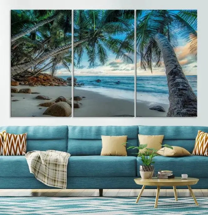 The "Tropical Beach Wall Art Ocean Canvas Print" features palm trees and ocean scenery on museum-quality polycotton canvas. This ready-to-hang piece is perfect for adding a coastal vibe to your space.