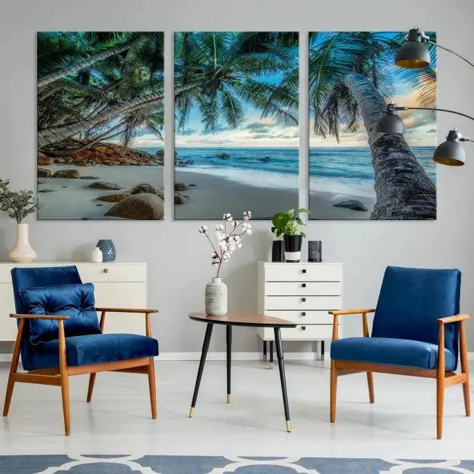 The "Tropical Beach Wall Art Ocean Canvas Print" features palm trees and ocean scenery on museum-quality polycotton canvas. This ready-to-hang piece is perfect for adding a coastal vibe to your space.