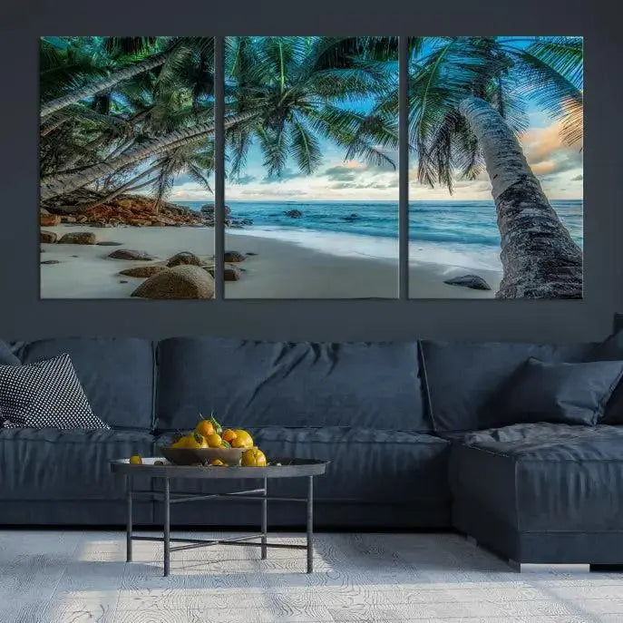 The "Tropical Beach Wall Art Ocean Canvas Print" features palm trees and ocean scenery on museum-quality polycotton canvas. This ready-to-hang piece is perfect for adding a coastal vibe to your space.