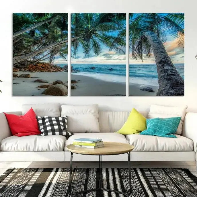 The "Tropical Beach Wall Art Ocean Canvas Print" features palm trees and ocean scenery on museum-quality polycotton canvas. This ready-to-hang piece is perfect for adding a coastal vibe to your space.