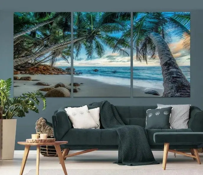 The "Tropical Beach Wall Art Ocean Canvas Print" features palm trees and ocean scenery on museum-quality polycotton canvas. This ready-to-hang piece is perfect for adding a coastal vibe to your space.