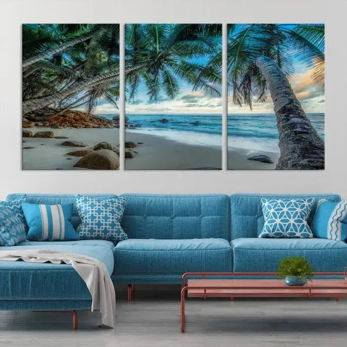 The "Tropical Beach Wall Art Ocean Canvas Print" features palm trees and ocean scenery on museum-quality polycotton canvas. This ready-to-hang piece is perfect for adding a coastal vibe to your space.