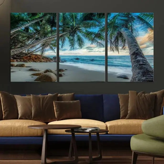 The "Tropical Beach Wall Art Ocean Canvas Print" features palm trees and ocean scenery on museum-quality polycotton canvas. This ready-to-hang piece is perfect for adding a coastal vibe to your space.