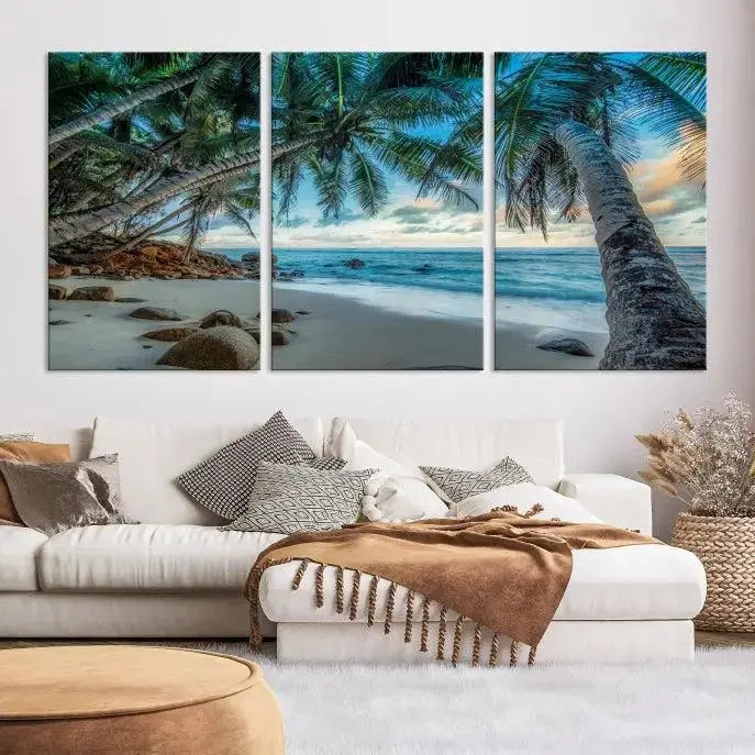 The "Tropical Beach Wall Art Ocean Canvas Print" features palm trees and ocean scenery on museum-quality polycotton canvas. This ready-to-hang piece is perfect for adding a coastal vibe to your space.