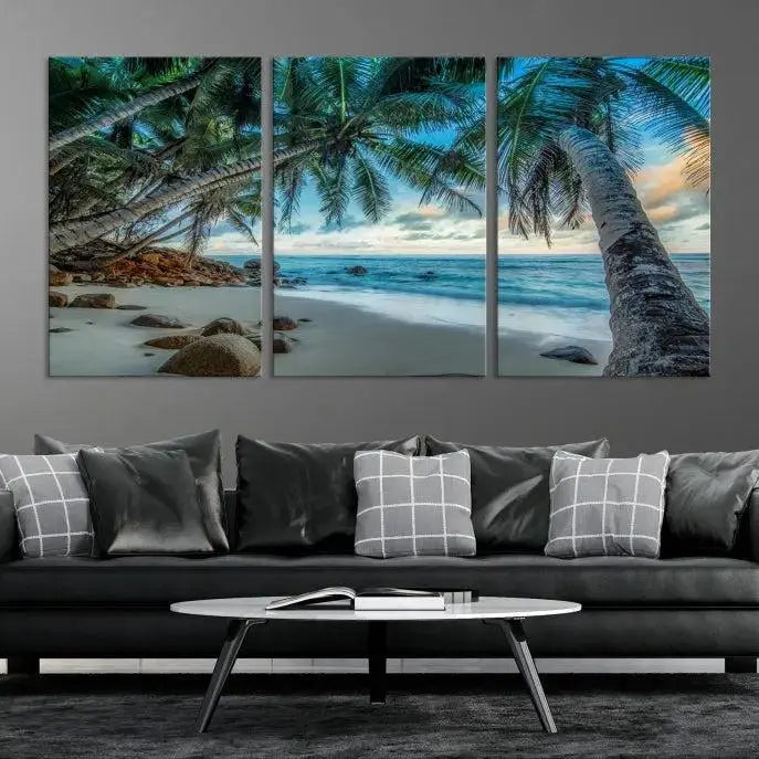 The "Tropical Beach Wall Art Ocean Canvas Print" features palm trees and ocean scenery on museum-quality polycotton canvas. This ready-to-hang piece is perfect for adding a coastal vibe to your space.