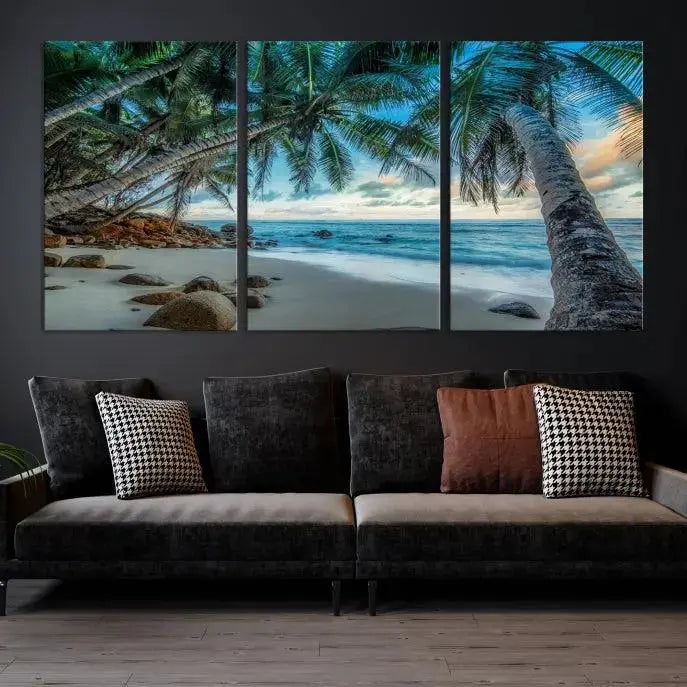 The "Tropical Beach Wall Art Ocean Canvas Print" features palm trees and ocean scenery on museum-quality polycotton canvas. This ready-to-hang piece is perfect for adding a coastal vibe to your space.