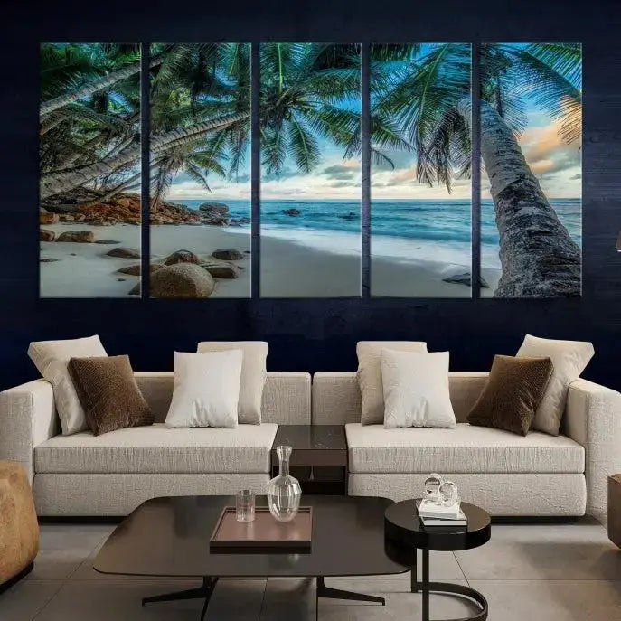 The "Tropical Beach Wall Art Ocean Canvas Print" features palm trees and ocean scenery on museum-quality polycotton canvas. This ready-to-hang piece is perfect for adding a coastal vibe to your space.