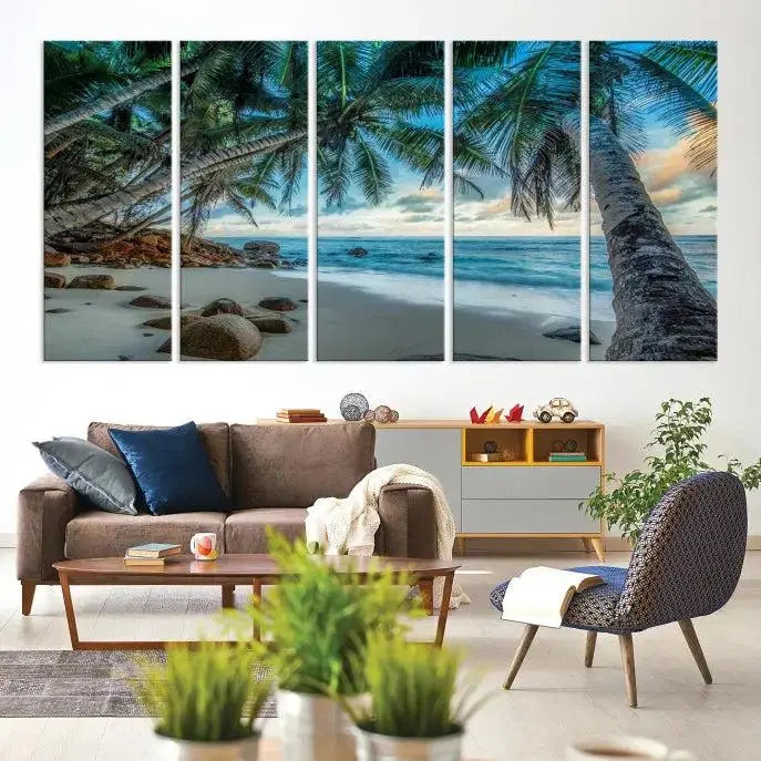 The "Tropical Beach Wall Art Ocean Canvas Print" features palm trees and ocean scenery on museum-quality polycotton canvas. This ready-to-hang piece is perfect for adding a coastal vibe to your space.