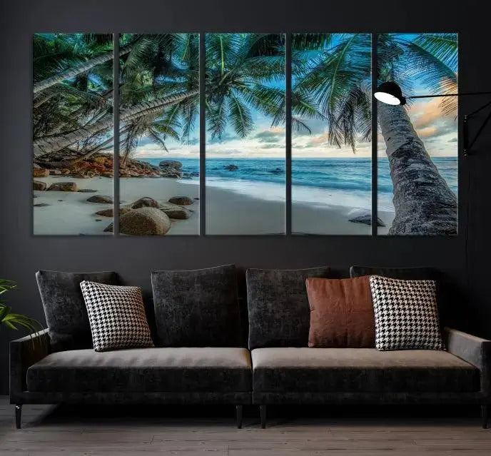 The "Tropical Beach Wall Art Ocean Canvas Print" features palm trees and ocean scenery on museum-quality polycotton canvas. This ready-to-hang piece is perfect for adding a coastal vibe to your space.