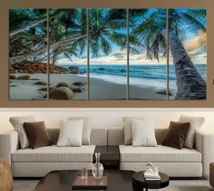 The "Tropical Beach Wall Art Ocean Canvas Print" features palm trees and ocean scenery on museum-quality polycotton canvas. This ready-to-hang piece is perfect for adding a coastal vibe to your space.