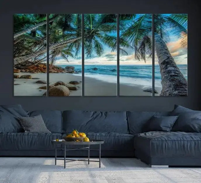 The "Tropical Beach Wall Art Ocean Canvas Print" features palm trees and ocean scenery on museum-quality polycotton canvas. This ready-to-hang piece is perfect for adding a coastal vibe to your space.