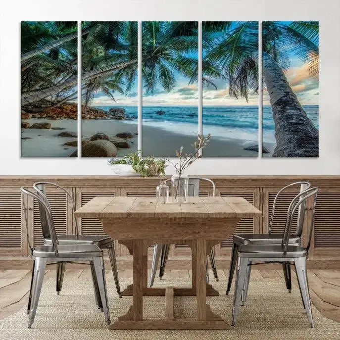 The "Tropical Beach Wall Art Ocean Canvas Print" features palm trees and ocean scenery on museum-quality polycotton canvas. This ready-to-hang piece is perfect for adding a coastal vibe to your space.