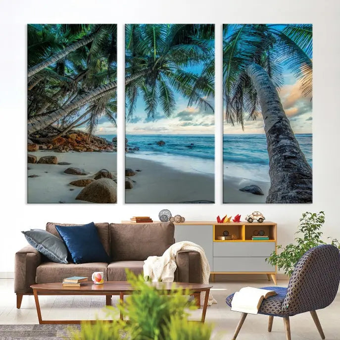 The "Tropical Beach Wall Art Ocean Canvas Print" features palm trees and ocean scenery on museum-quality polycotton canvas. This ready-to-hang piece is perfect for adding a coastal vibe to your space.