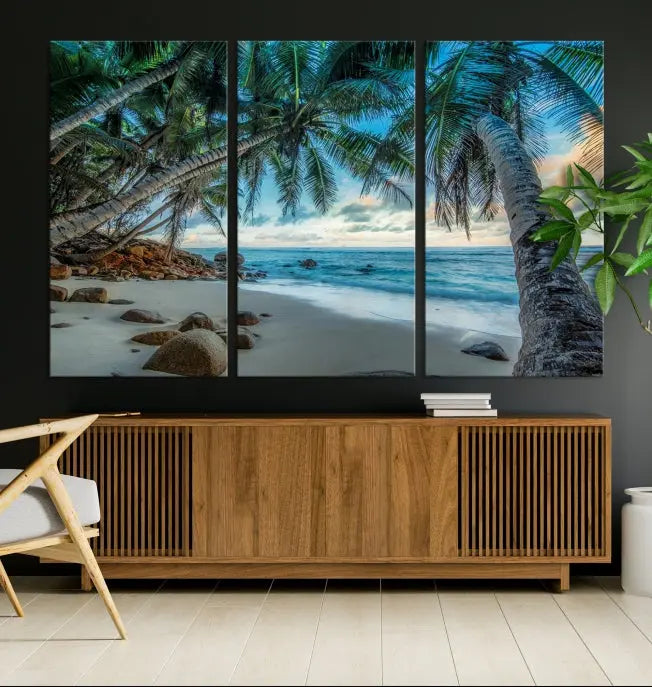 The "Tropical Beach Wall Art Ocean Canvas Print" features palm trees and ocean scenery on museum-quality polycotton canvas. This ready-to-hang piece is perfect for adding a coastal vibe to your space.