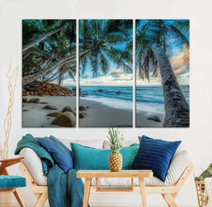 The "Tropical Beach Wall Art Ocean Canvas Print" features palm trees and ocean scenery on museum-quality polycotton canvas. This ready-to-hang piece is perfect for adding a coastal vibe to your space.