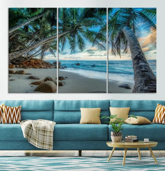 The "Tropical Beach Wall Art Ocean Canvas Print" features palm trees and ocean scenery on museum-quality polycotton canvas. This ready-to-hang piece is perfect for adding a coastal vibe to your space.