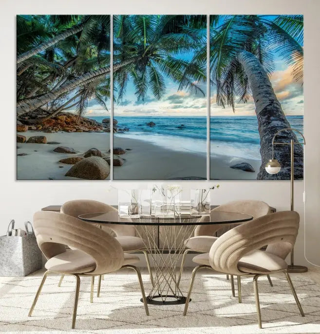 The "Tropical Beach Wall Art Ocean Canvas Print" features palm trees and ocean scenery on museum-quality polycotton canvas. This ready-to-hang piece is perfect for adding a coastal vibe to your space.