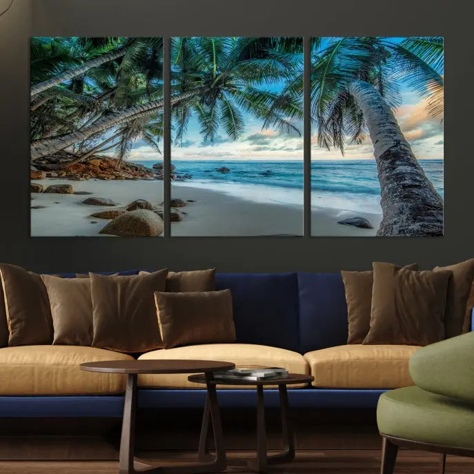 The "Tropical Beach Wall Art Ocean Canvas Print" features palm trees and ocean scenery on museum-quality polycotton canvas. This ready-to-hang piece is perfect for adding a coastal vibe to your space.