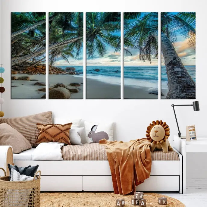 The "Tropical Beach Wall Art Ocean Canvas Print" features palm trees and ocean scenery on museum-quality polycotton canvas. This ready-to-hang piece is perfect for adding a coastal vibe to your space.