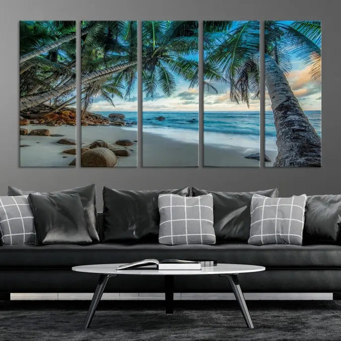 The "Tropical Beach Wall Art Ocean Canvas Print" features palm trees and ocean scenery on museum-quality polycotton canvas. This ready-to-hang piece is perfect for adding a coastal vibe to your space.