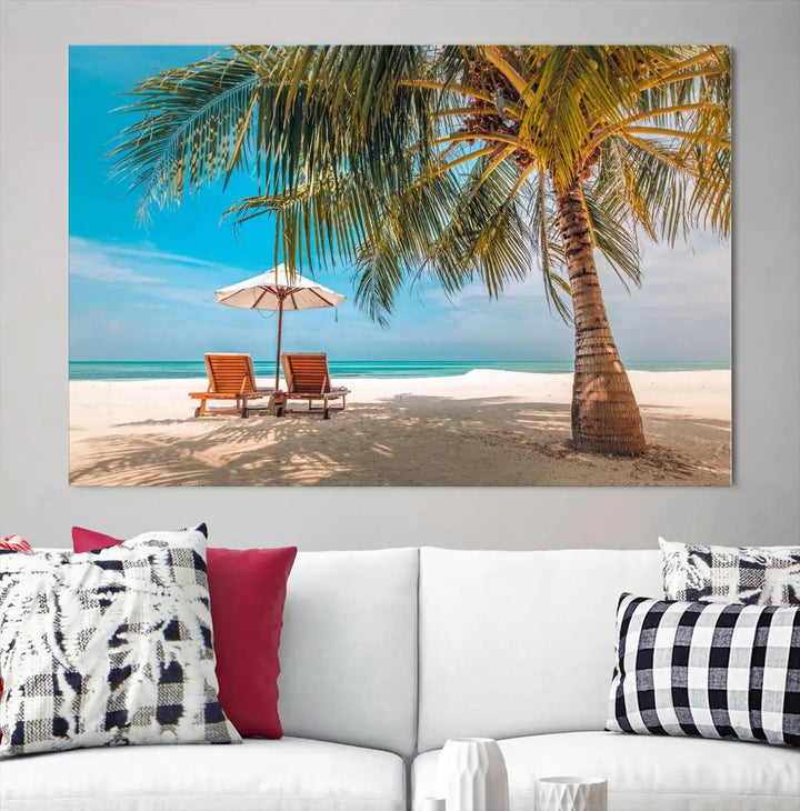 The Tropical Beach Wall Art set features a 3-panel large canvas print with palm trees and sun loungers, creating a serene oasis in your living space.