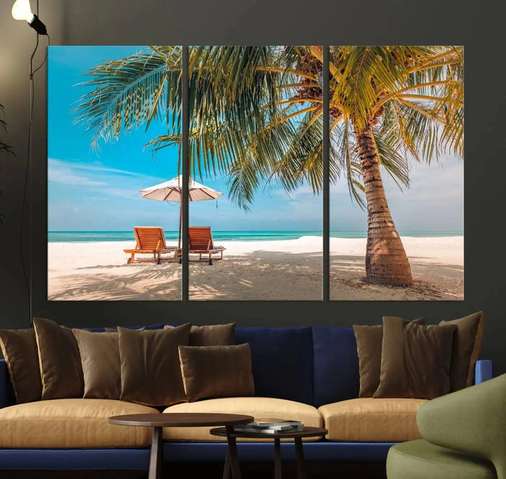 The Tropical Beach Wall Art set features a 3-panel large canvas print with palm trees and sun loungers, creating a serene oasis in your living space.