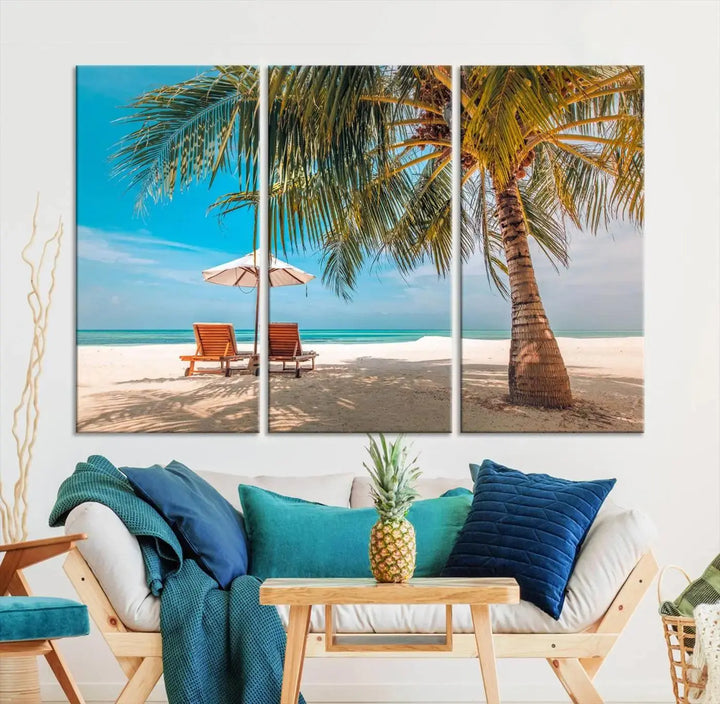 The Tropical Beach Wall Art set features a 3-panel large canvas print with palm trees and sun loungers, creating a serene oasis in your living space.