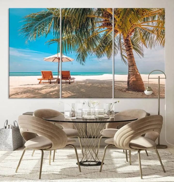 The Tropical Beach Wall Art set features a 3-panel large canvas print with palm trees and sun loungers, creating a serene oasis in your living space.