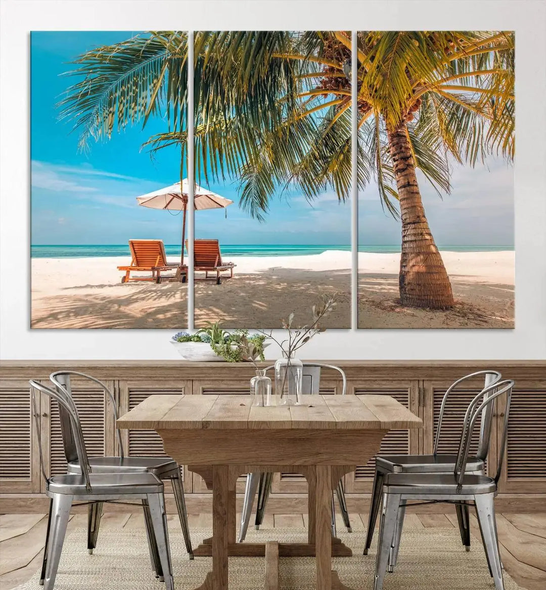 The Tropical Beach Wall Art set features a 3-panel large canvas print with palm trees and sun loungers, creating a serene oasis in your living space.