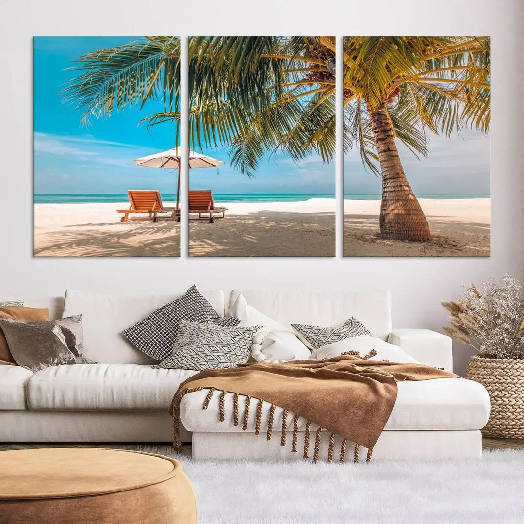 The Tropical Beach Wall Art set features a 3-panel large canvas print with palm trees and sun loungers, creating a serene oasis in your living space.