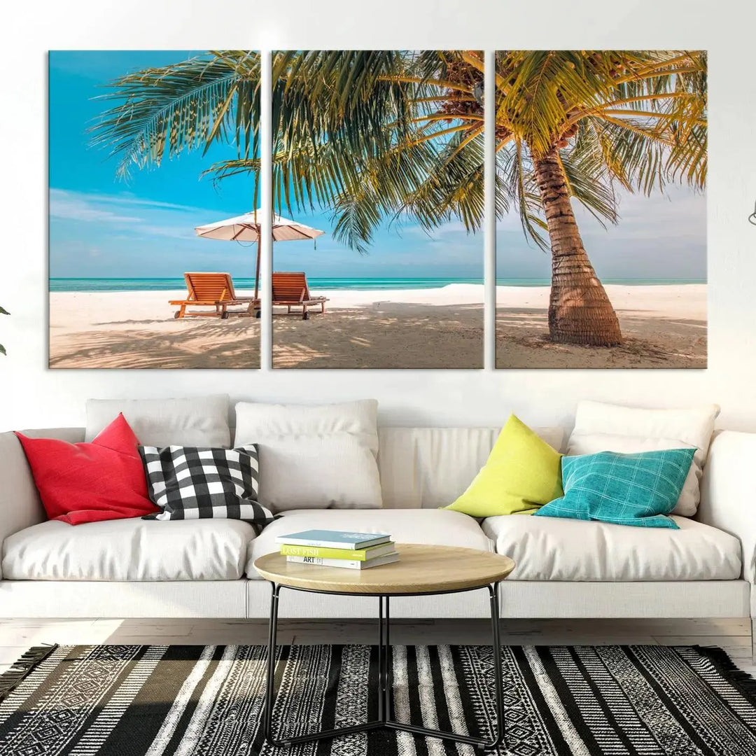 The Tropical Beach Wall Art set features a 3-panel large canvas print with palm trees and sun loungers, creating a serene oasis in your living space.