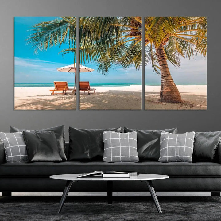 The Tropical Beach Wall Art set features a 3-panel large canvas print with palm trees and sun loungers, creating a serene oasis in your living space.