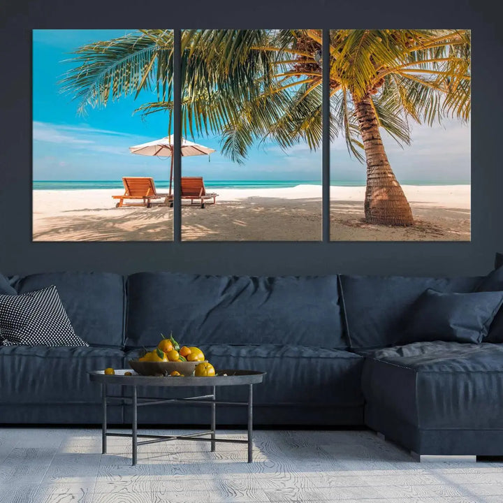 The Tropical Beach Wall Art set features a 3-panel large canvas print with palm trees and sun loungers, creating a serene oasis in your living space.