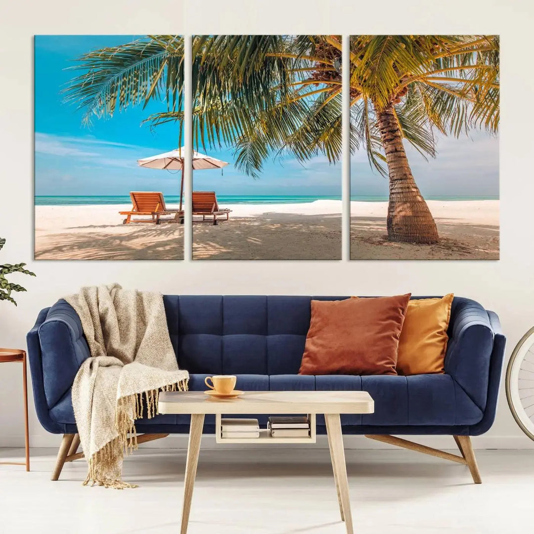 The Tropical Beach Wall Art set features a 3-panel large canvas print with palm trees and sun loungers, creating a serene oasis in your living space.