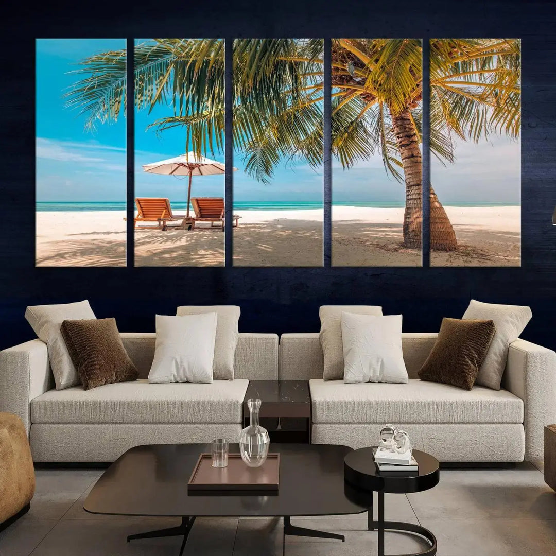 The Tropical Beach Wall Art set features a 3-panel large canvas print with palm trees and sun loungers, creating a serene oasis in your living space.