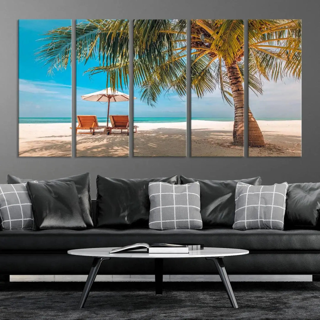 The Tropical Beach Wall Art set features a 3-panel large canvas print with palm trees and sun loungers, creating a serene oasis in your living space.