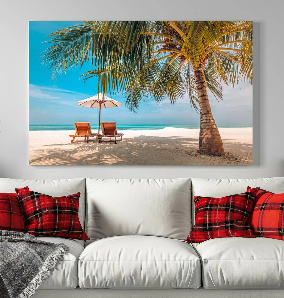 The Tropical Beach Wall Art set features a 3-panel large canvas print with palm trees and sun loungers, creating a serene oasis in your living space.