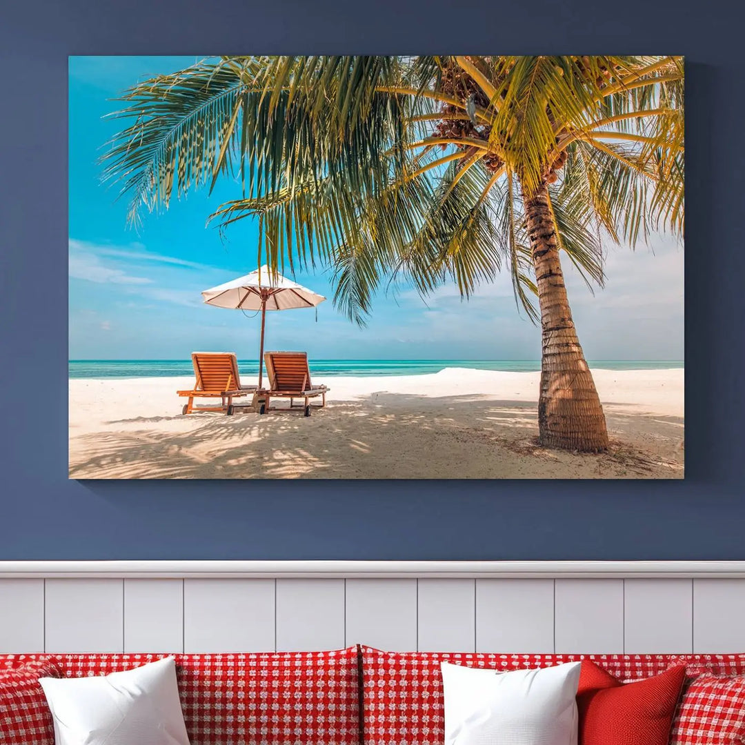 The Tropical Beach Wall Art set features a 3-panel large canvas print with palm trees and sun loungers, creating a serene oasis in your living space.