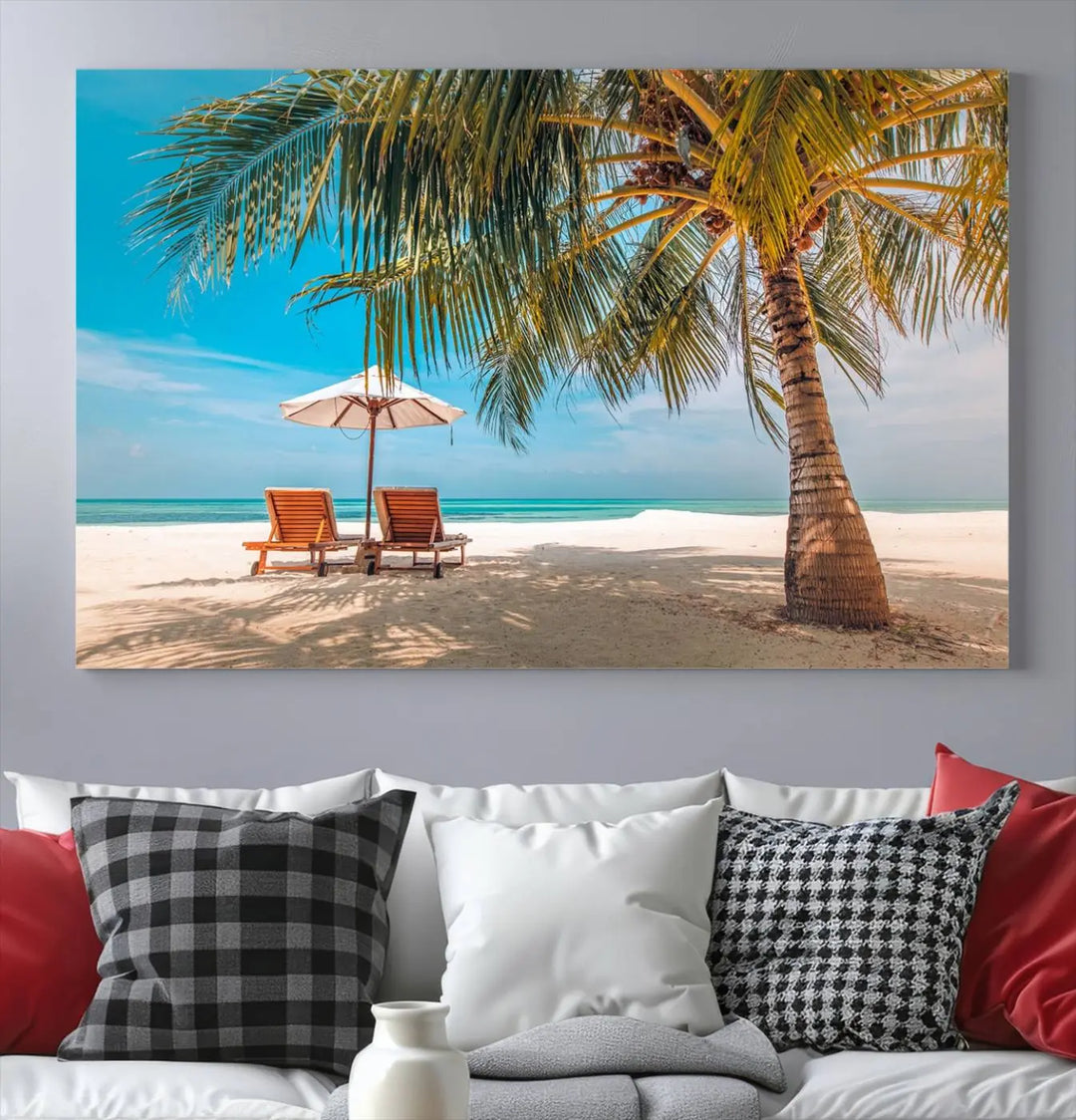 The Tropical Beach Wall Art set features a 3-panel large canvas print with palm trees and sun loungers, creating a serene oasis in your living space.