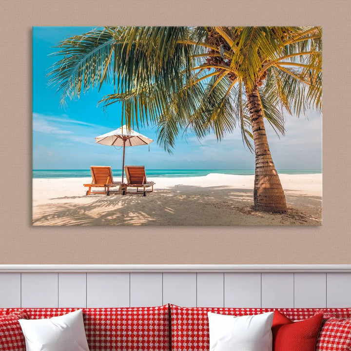 The Tropical Beach Wall Art set features a 3-panel large canvas print with palm trees and sun loungers, creating a serene oasis in your living space.