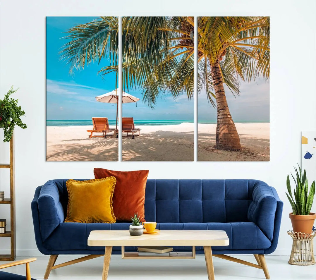 The Tropical Beach Wall Art set features a 3-panel large canvas print with palm trees and sun loungers, creating a serene oasis in your living space.