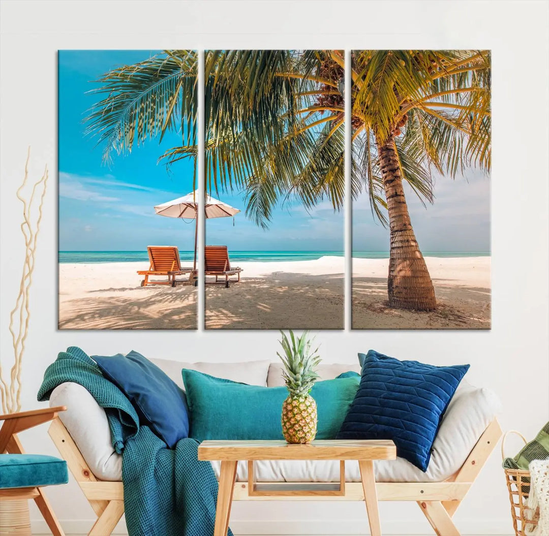 The Tropical Beach Wall Art set features a 3-panel large canvas print with palm trees and sun loungers, creating a serene oasis in your living space.