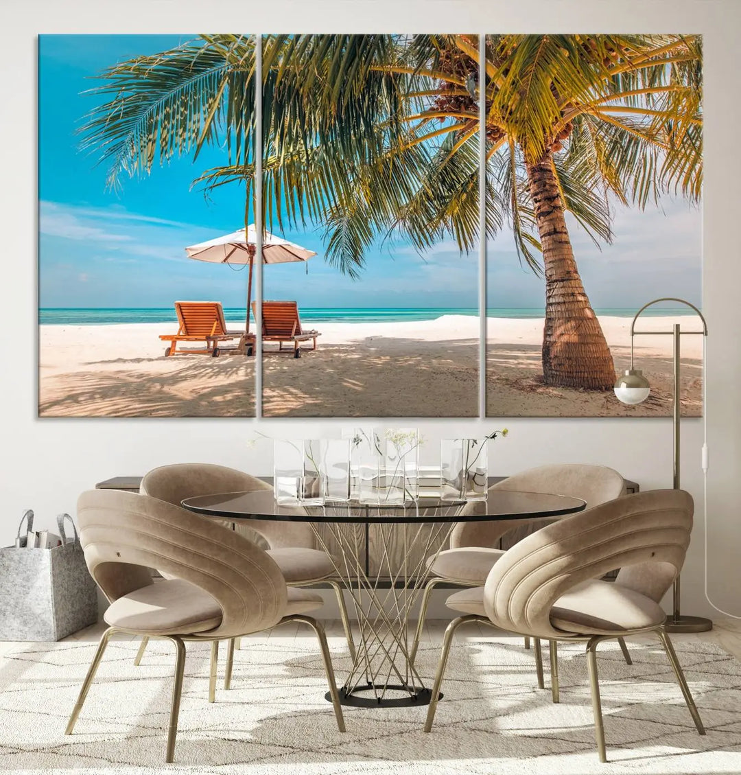 The Tropical Beach Wall Art set features a 3-panel large canvas print with palm trees and sun loungers, creating a serene oasis in your living space.