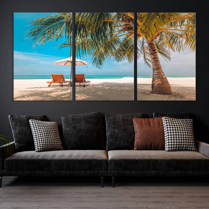 The Tropical Beach Wall Art set features a 3-panel large canvas print with palm trees and sun loungers, creating a serene oasis in your living space.