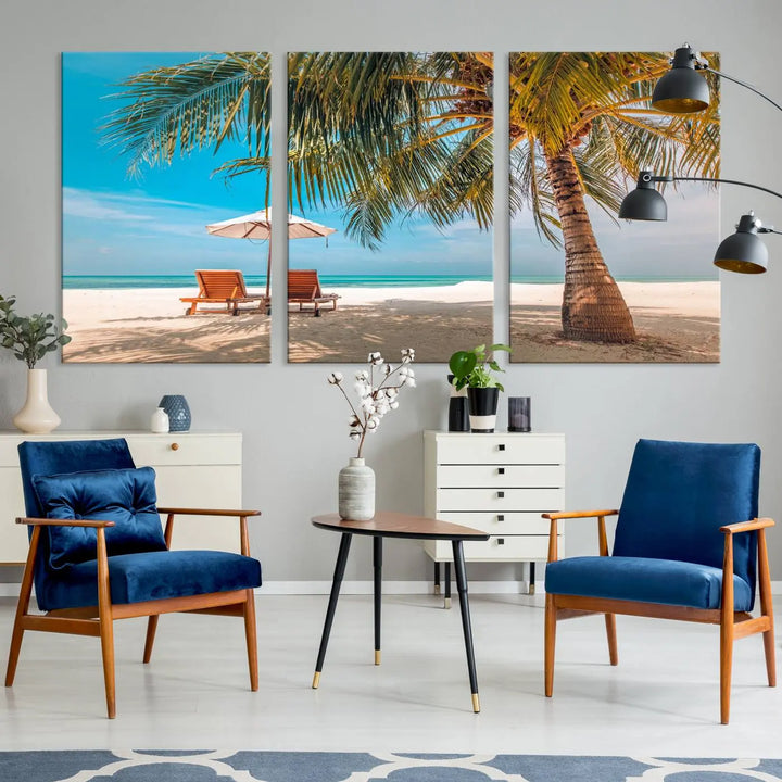 The Tropical Beach Wall Art set features a 3-panel large canvas print with palm trees and sun loungers, creating a serene oasis in your living space.