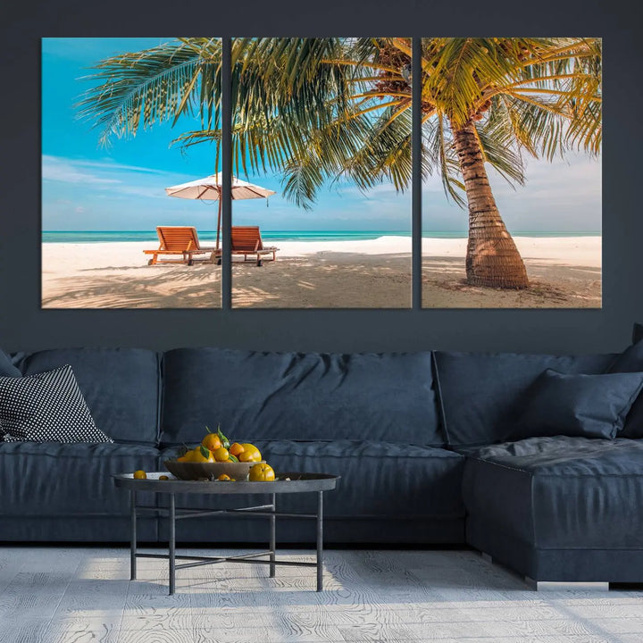 The Tropical Beach Wall Art set features a 3-panel large canvas print with palm trees and sun loungers, creating a serene oasis in your living space.